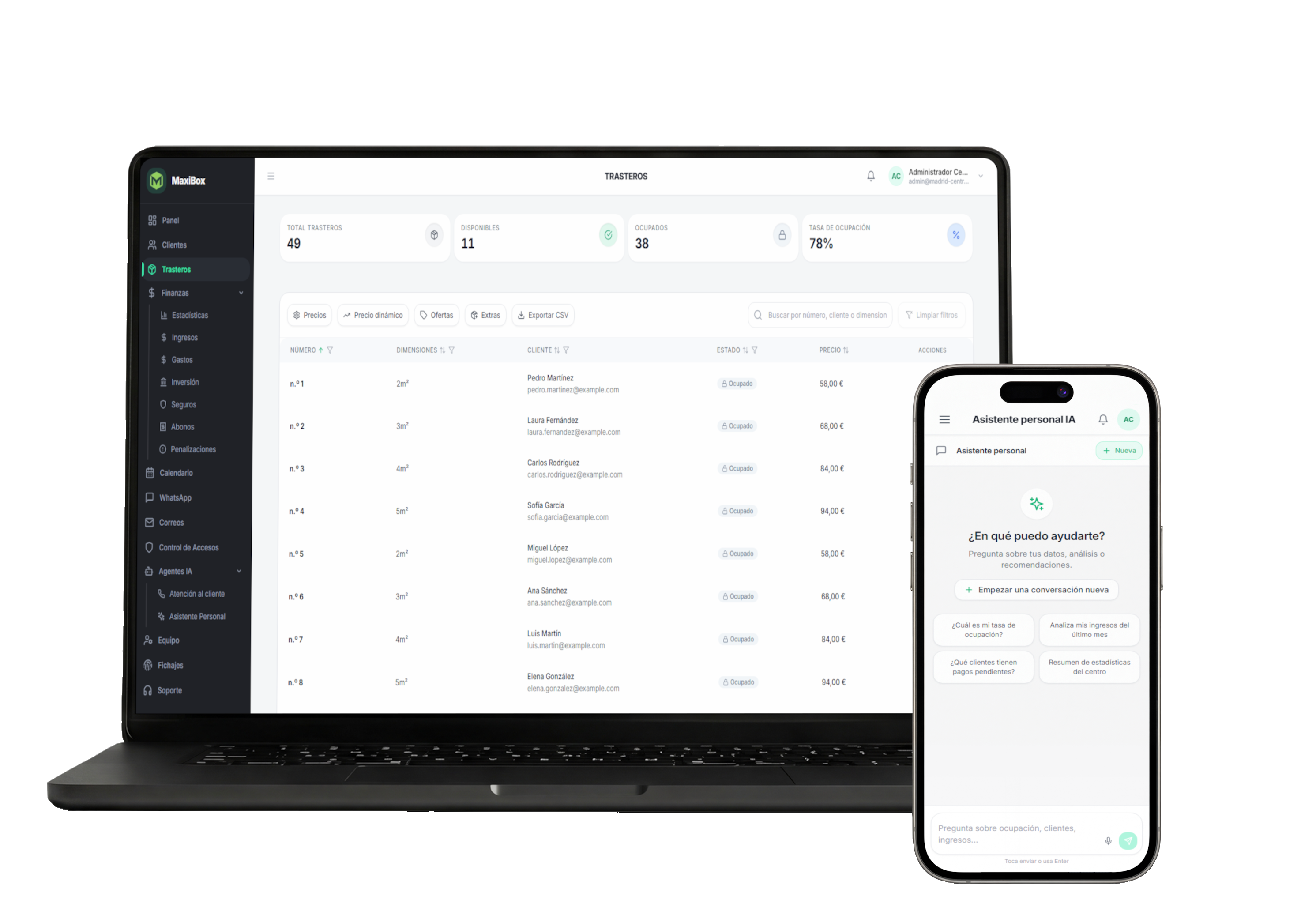 MaxiBox en ordenador y móvil: gestión de trasteros y asistente IA